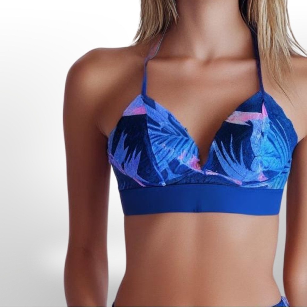 PINK | Lace Bralette Small‎ Blue Tropical Palm Leaf Adjustable Racerback